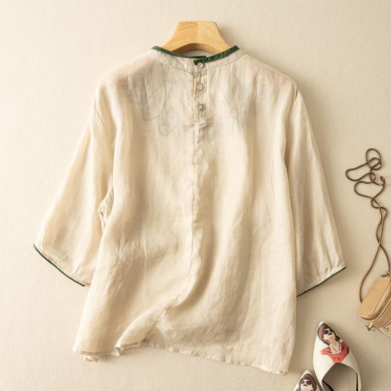 Summer Ethnic Style Cotton and Linen Women Casual Vintage Embroidery Loose 3/4 Sleeve Color Blocking Loose Round Neck T-shirt