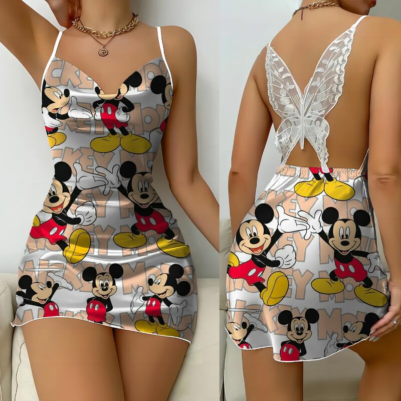 Disney Backless Dress Mickey Minnie Mouse Pajama Skirt Womens Dresses Bow Knot Satin Surface Fashion Summer 2024 Party Mini Sexy
