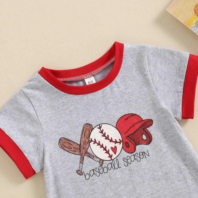 VISgogo Boys Baby Letnie śpioszki dla niemowląt z krótkim rękawem i okrągłym dekoltem Baseball Print Casual Jumpsuit