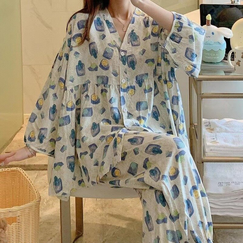 Women's Pajama Vintage Plus Size Pijamas Loose Cardigan Lantern Sleeve V Neck Sleepwear Printed Women Nightwear Spring Home Wear