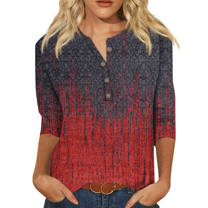 T-Shirt blus wanita Fashion lembut motif tanaman kemeja leher V musim panas lengan 3/4 katun Pullover wanita Cotton Cotton