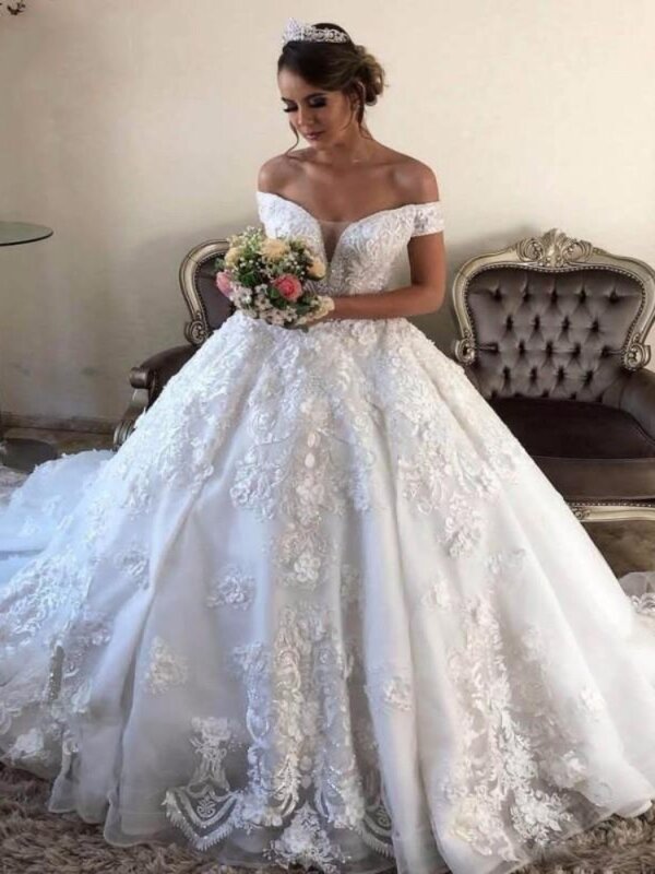 Gaun pernikahan menawan dari bahu terbuka gaun pengantin kerah V renda applique gaun pengantin ukuran Plus Vestido De Noiva