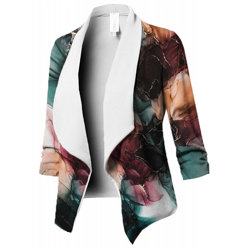 Women Casual Print Cardigan Ruched Asymmetrical Jacket Coat Slim Polyester Spandex Women's Blazers Office Commuter Suit Coat