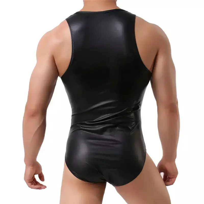 Kaus dalam kebugaran pria Singlet gulat kulit PU Catsuit Jumpsuit Bodysuit penampilan panggung seksi pakaian klub tari tiang