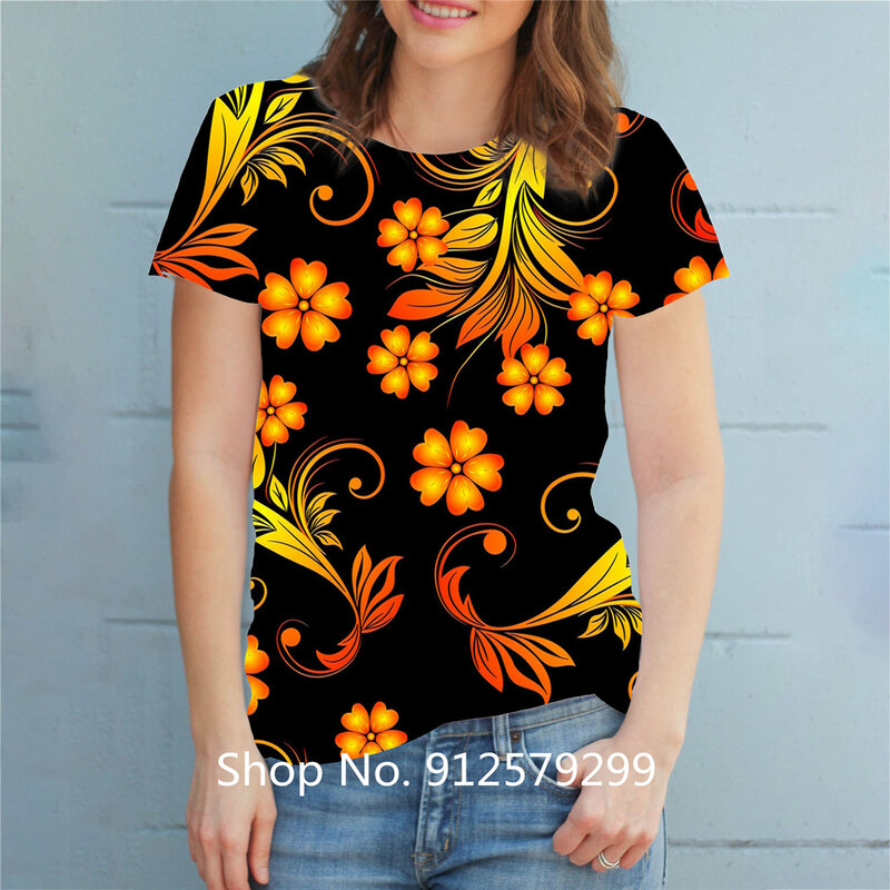 แฟชั่นของผู้หญิงดอกไม้เสื้อยืด3D เสื้อยืดพิมพ์ภาพสั้นเสื้อยืดสบายๆรอบคอ Slim Top
