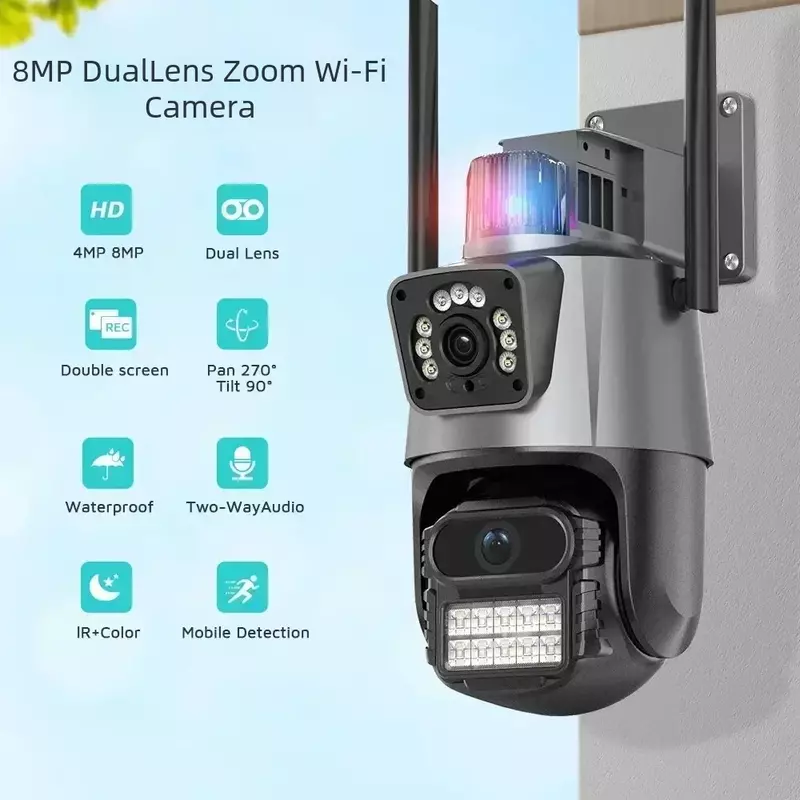 8MP 4K Wifi Camera Dual Lens Security Protection Waterproof Security CCTV Video Surveillance Camera Police Light Alarm IP Camera