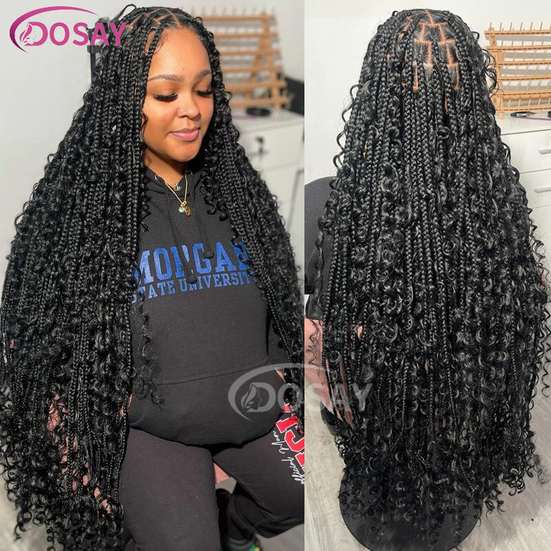 Bohemia Full Lace Box Braided Wigs Curly Deep Wave Synthetic Lace Front Wig With Plaits Knotless Boho Box Braids Wigs For Women