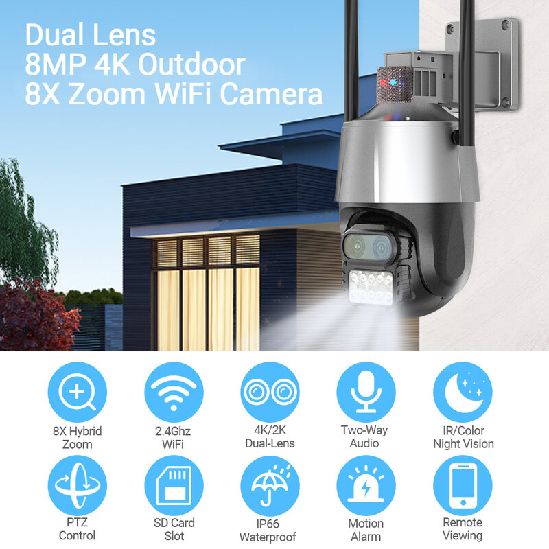 HAMROL 8MP 4K Wifi Camera Outdoor 5X Zoom Alarm Dual Lens Motion Detection PTZ IP Camera Two Way Audio NightVision CCTV Camera