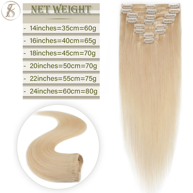 TESS 50-80g Natural Hair Extensions Clip In Human Hair Extensions Straight 8pcs/set Full Head Thin Highlight Hair Clip Hairpiece