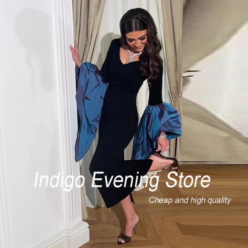 Indigo-Robe de soirée en taffetas, manches évasées, fente arrière, pour femme, tenue élégante et simple, style saoudien, nouvelle collection 2024