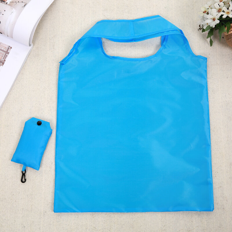 Tas belanja warna Solid ramah lingkungan lipat portabel dapat digunakan kembali tas bahu poliester untuk perjalanan belanja