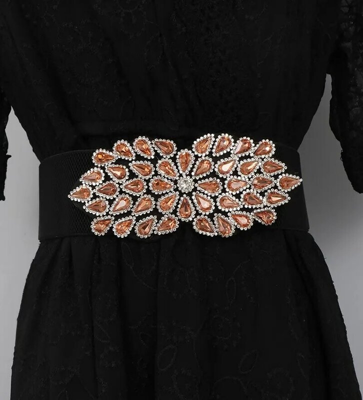 Women's Fashion Shiny Diamonds Elastic Corset Female Cummerbund Coat Waistband Dress Decration Wide Belt  J150