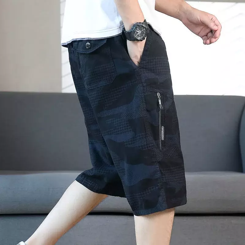 Calção de algodão Harajuku masculino, calça curta, comprida com zíper, sobre o joelho, corredores de camuflagem, solta, nova, Y2k