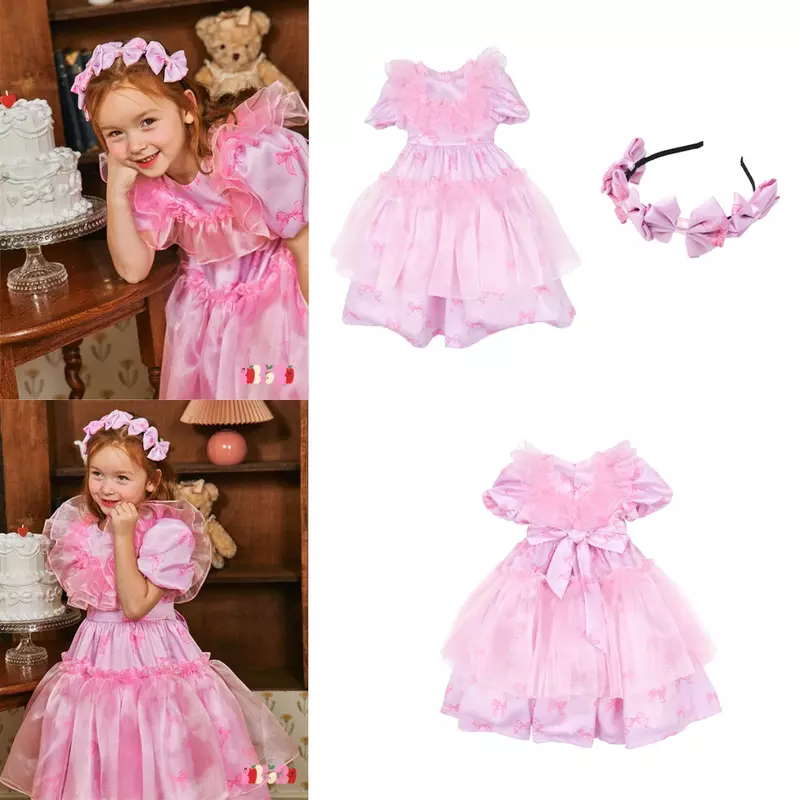 Vestido de princesa coreano para niñas, ropa rosa para niños, banda para el pelo, vestido de fiesta para niñas, ropa de cumpleaños para niños, 2024