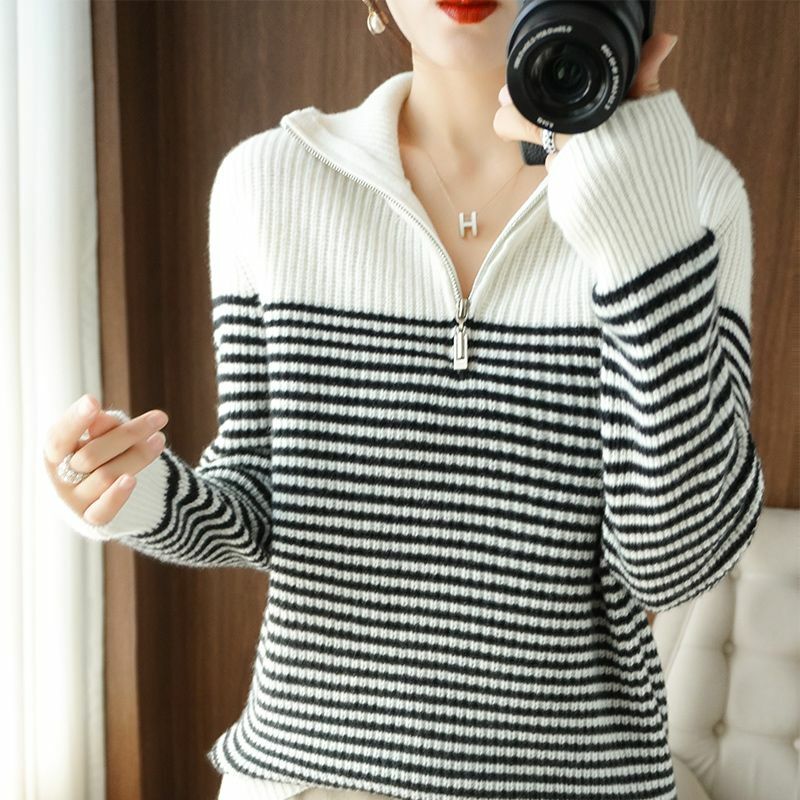 Korean Mode Neue Stil Gestreiften Dicken Rollkragen drehen-unten Kragen Halb Zipper Langarm Stricken Pullover Gerade Pullover