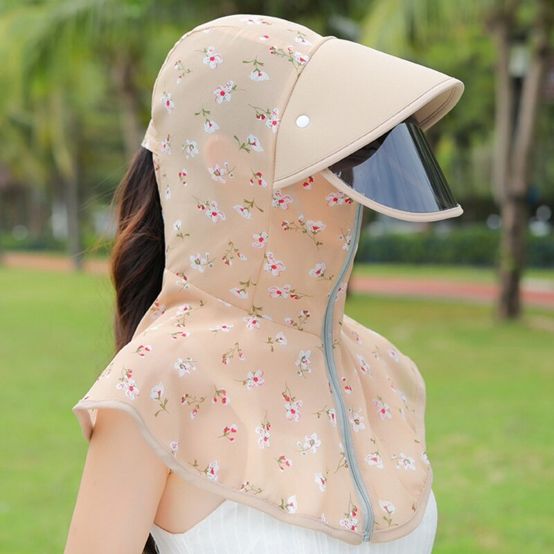 Chapéu protetor solar feminino com aba larga, chapéu agrícola com zíper, quatro estações, pescoço protetor, chapéu de pescador anti-UV, lente