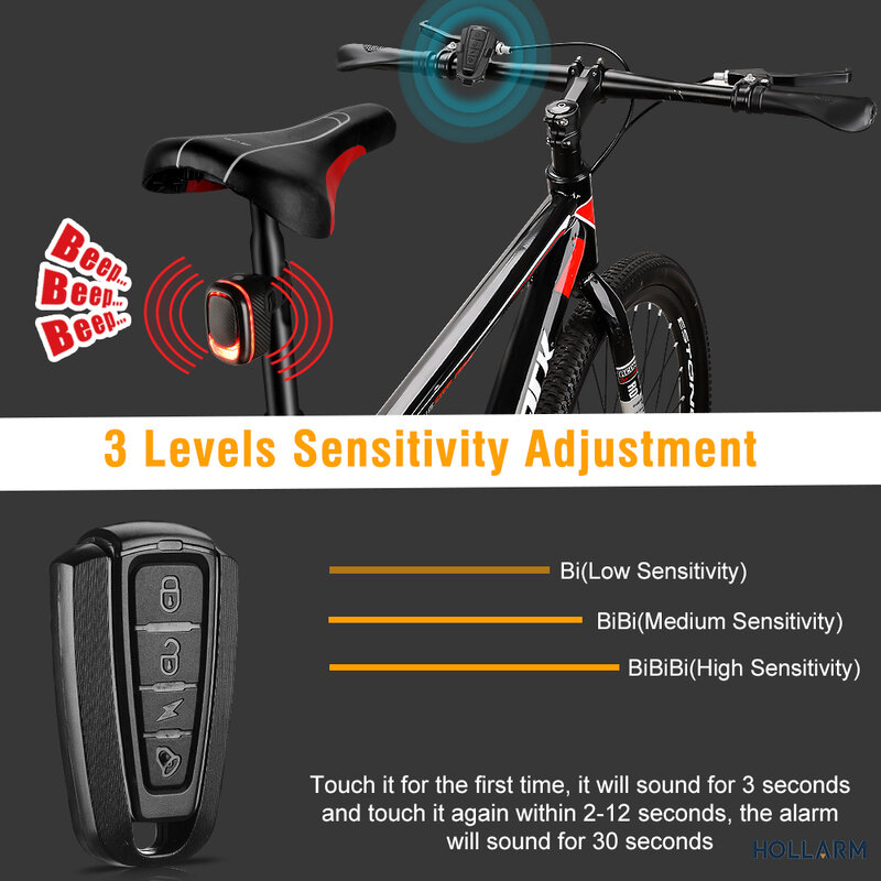 Holarm-자전거 알람 미등, 도난 방지 USB 충전, 스마트 자동 브레이크 감지, 원격 제어, 방수 자전거 램프