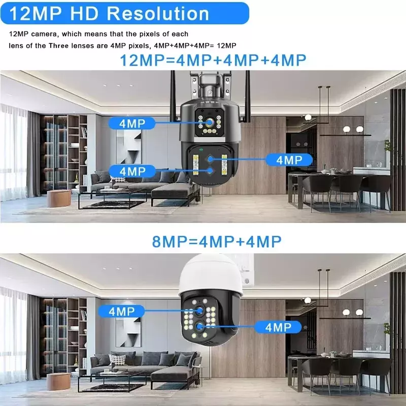 Trzy soczewki 12MP kamera bezprzewodowa WIFI z 10-krotnym zoomem do automatycznego śledzenia kamera ochrony kamera monitorująca wideo 4MP P2P