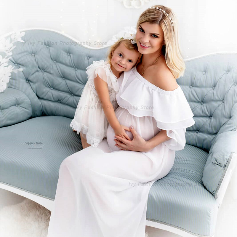 Maternidade Fotografia Props Vestido Translúcido Soft Chiffon Branco Tulle Clothes Para Mulheres Grávidas Gravidez Photo Shoot Dress