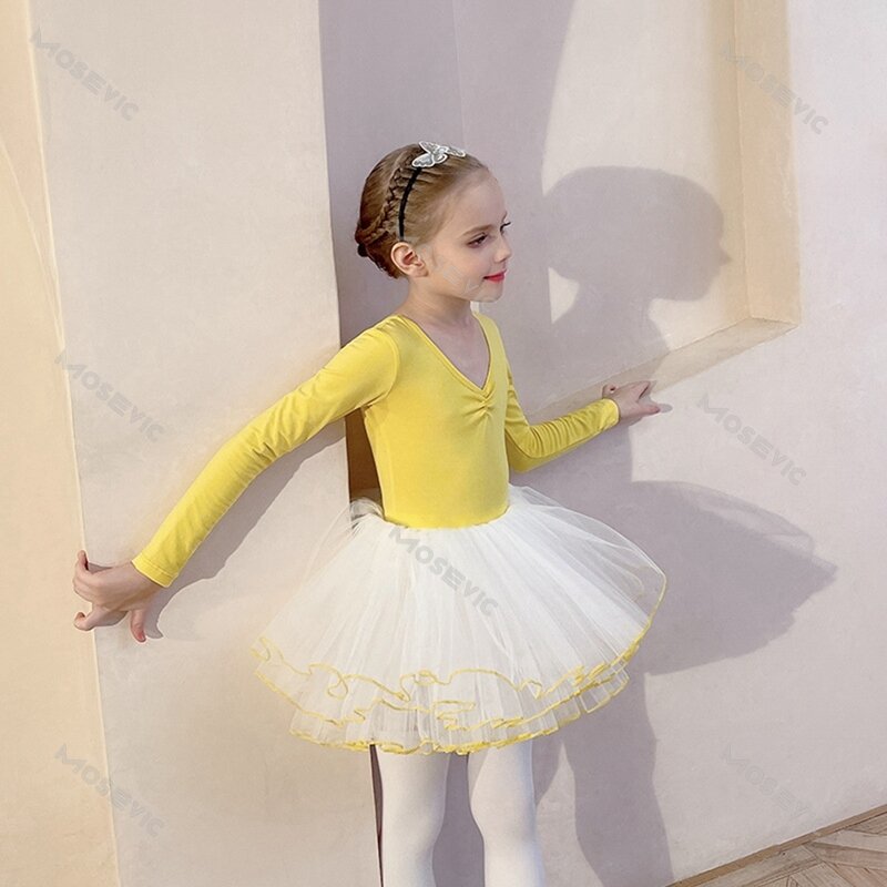 2 Stück Mädchen Ballett Tanz anzug solide Langarm V-Ausschnitt rücken freie Schleife Trikot mit flauschigen Tutu Rock Prinzessin Gymnastik Kleidung
