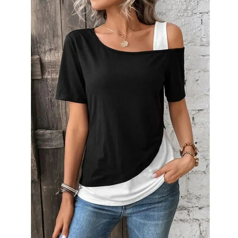 여성용 단색 오프 숄더 비대칭 티셔츠, 시크한 컬러 블로킹 반팔, 여성 캐주얼 상의, 여름