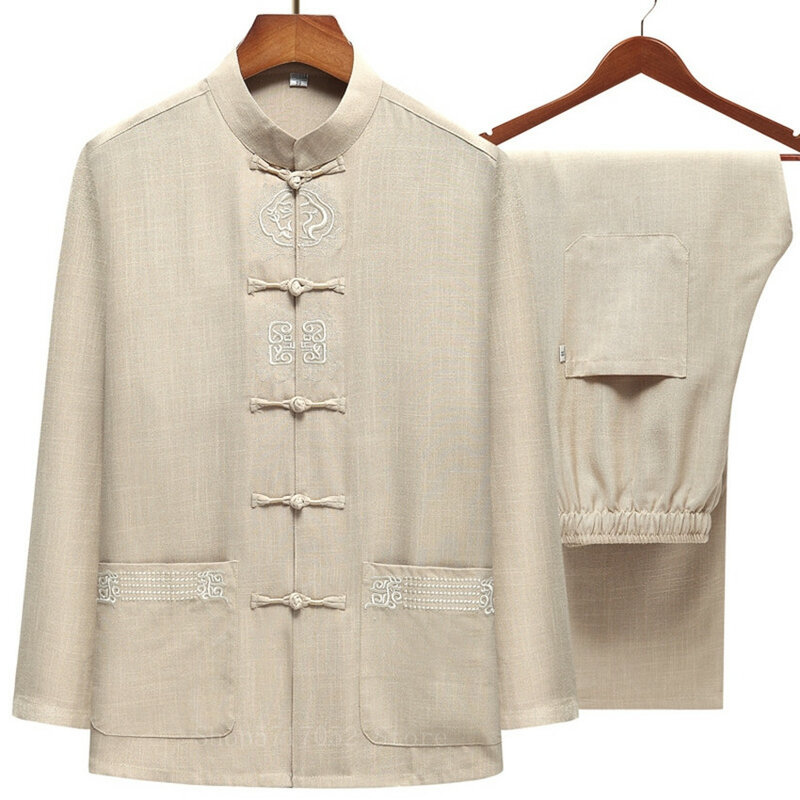 Men\'s Cotton Linen Wu Shu Clothing Traditional Chinese Retro Embroidery Hanfu Long Sleeve Shirt  Long Pant Kung Fu Tai Chi Suit