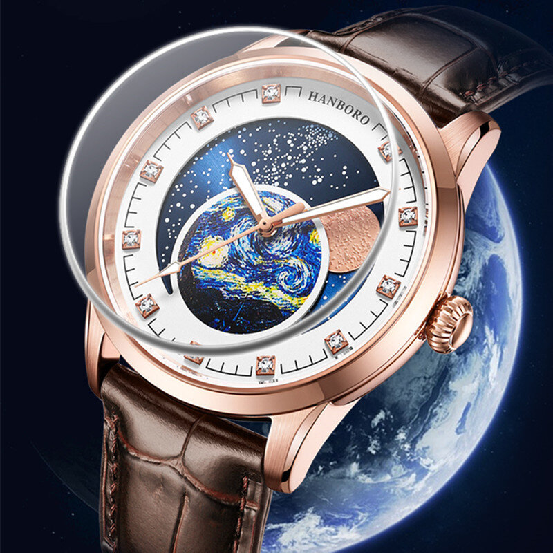 HANBORO Moonphase ساعة الصلب ساعات رجالي الأرض النجوم الميكانيكية ساعة أوتوماتيكية العلامة التجارية الفاخرة ساعة مضادة للماء