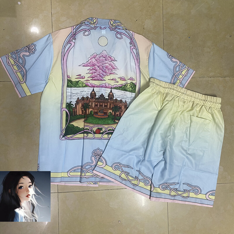 Pink Cloud Palace Garden Print Shorts Shirt Set di alta qualità uomo donna estate Hawaii Beach Seaside Holiday Surf Suit