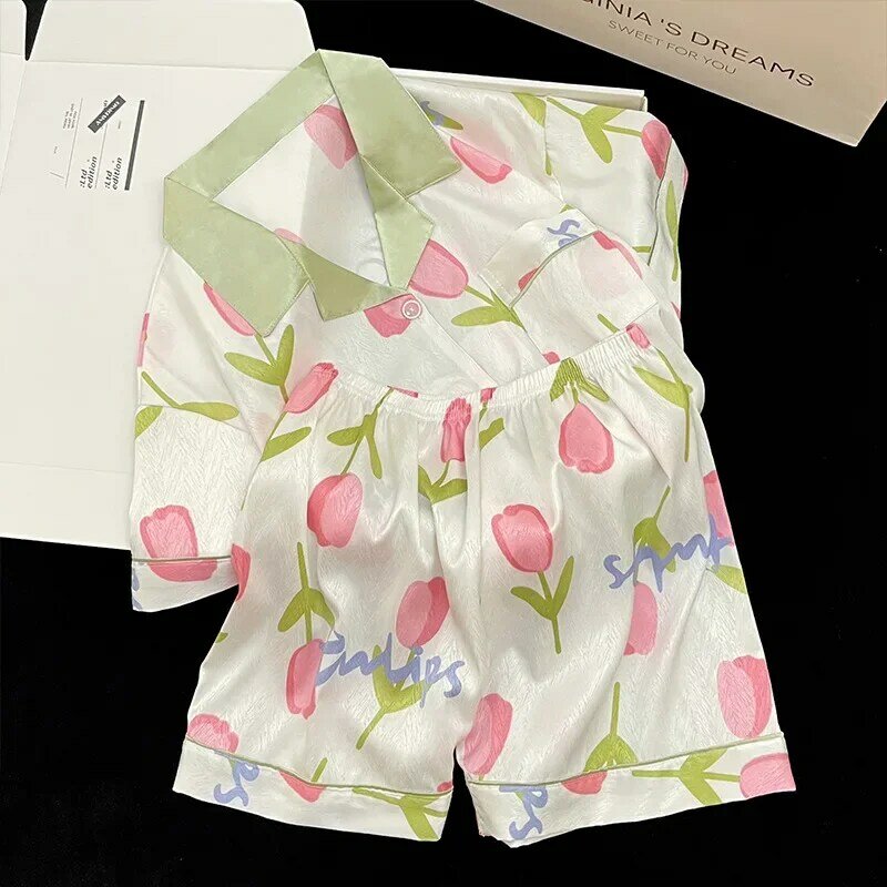 Set pigiama donna estate 2 pezzi stampa floreale pigiama bottoni in raso di seta sintetica pigiameria manica corta Pijama Mujer Pjs Homewear