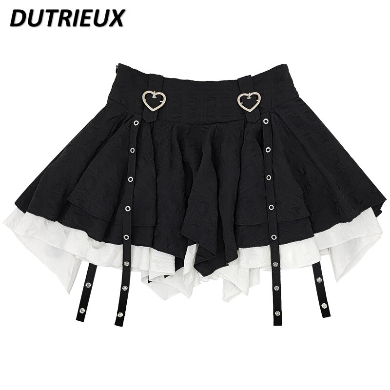 Double-Layer Black and White Color Matching Short Pleated Bubble Skirt Punk Style Summer New Sweet All-Matching Mini Skirts