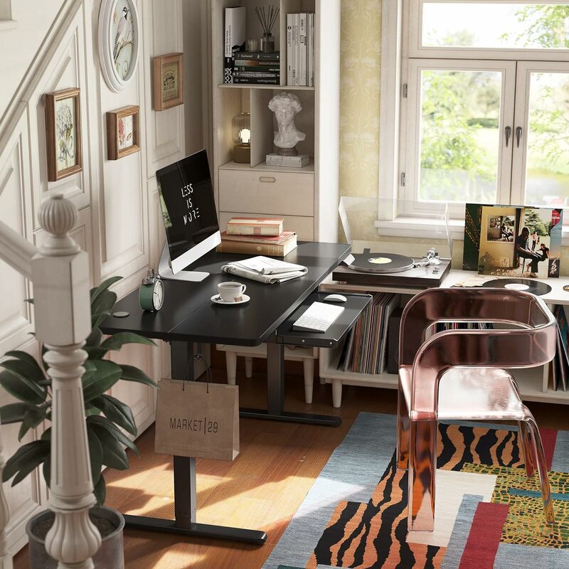 FEZIBO 키보드 트레이가 있는 스탠딩 책상, 전기 높이 조절 책상, 앉은 스탠드업 책상, 블랙, 63 × 24 인치
