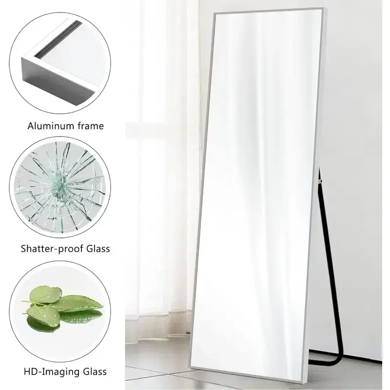 Floor-to-ceiling mirror dressing with stand-up stand Large rectangular bedroom wall-mounted mirror, silver