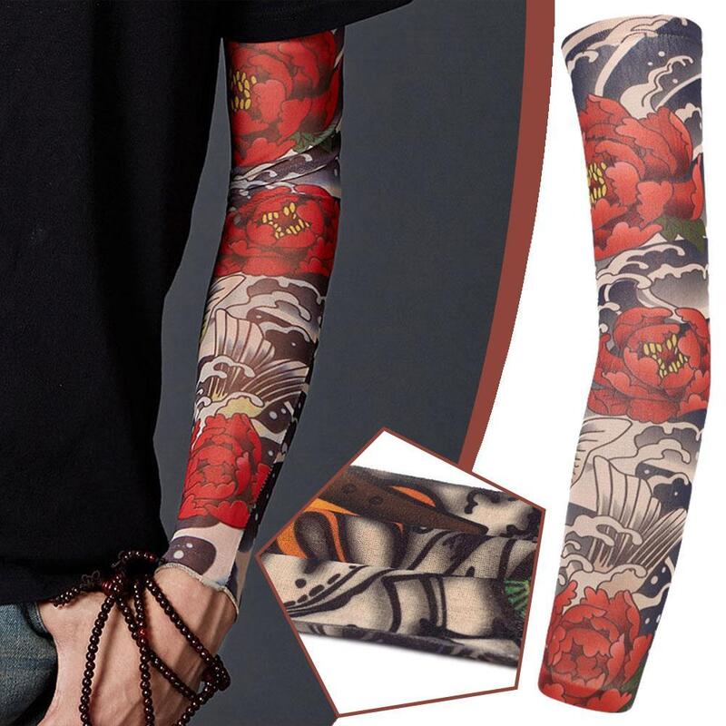 Tato lengan tangan pria palsu tato sementara lengan tangan Unisex penghangat elastis UV perlindungan keren dicetak tahan matahari Punk