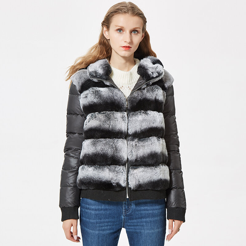Real Rex Rabbit Fur Coat With Hood Down Coat Jacket Sleeves fur bomber jacket Real Fur Jacket Hooded with down fur coat