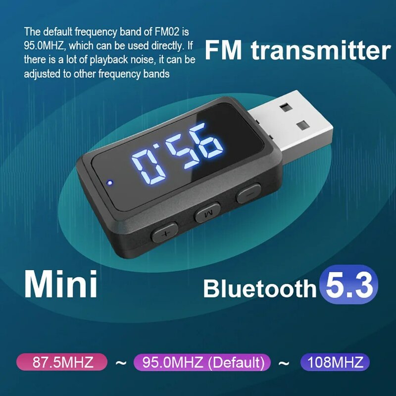 Carro Transmissor FM e Receptor com Display LED, Bluetooth 5.3, Mini USB, mãos livres, Chamada, Adaptador Sem Fio, Auto Áudio