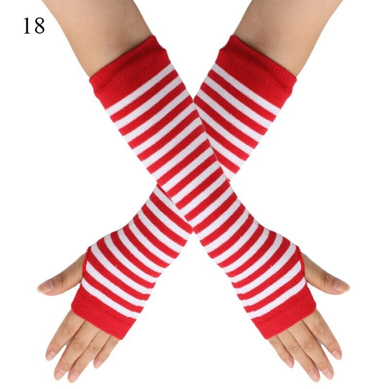HOT Elbow Fingerless Gloves Autumn Winter Fashion Striped Printed Long Knitted Arm Covers Girl Cosplay Gothic Wristband Mittens