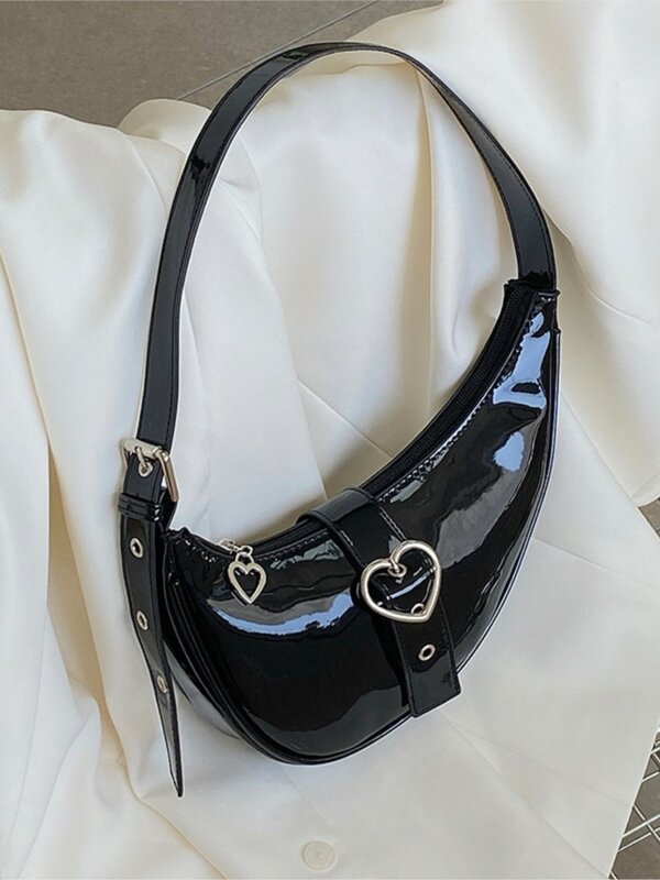 Bolsa de axilas de couro PU crescente feminina, bolsa de ombro luxuosa, coração retrô de alta qualidade, preto simples, portátil, moda nova, 2024