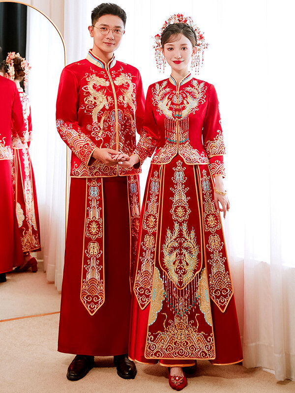 Chinês Casal Vestido De Noiva Modesto Exquisite Phoenix Bordado Cheongsam Elegante Casamento Terno Qipao