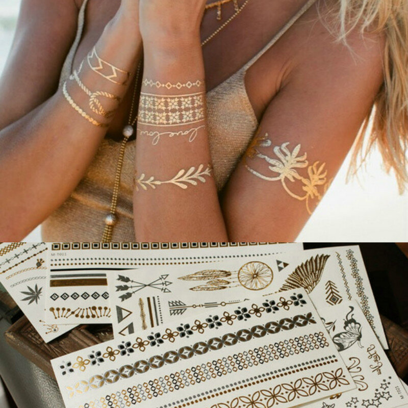1Pc Zomer Stijl Mannen Vrouwen Body Art Gold Metallic Tattoo Sticker Keten Armband Nep Sieraden Waterdichte Tijdelijke Tattoo