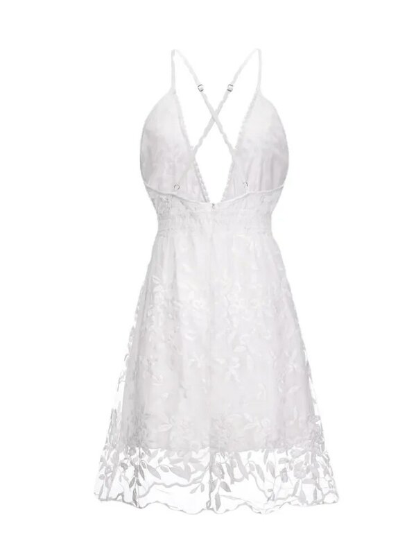 Fashion Sexy Spaghetti Strap White Dress Woman Summer Embroidery Mesh Lace Backless Beach Dress For Women New Casual Mini Dress