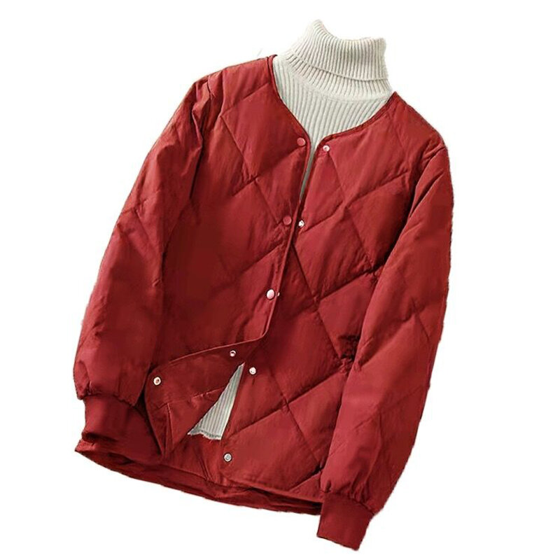 여성용 가을 겨울 다운 파카, 단색 라운드 넥 짧은 재킷, 초경량 격자 무늬 긴 소매 퍼퍼 코트, 한국 루즈 아우터