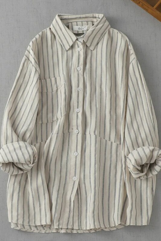 SuperAen-عمودي مخطط الكتان قميص للنساء ، عادية اليابانية الطبقات قميص ، قمصان بأكمام طويلة ، الخريف