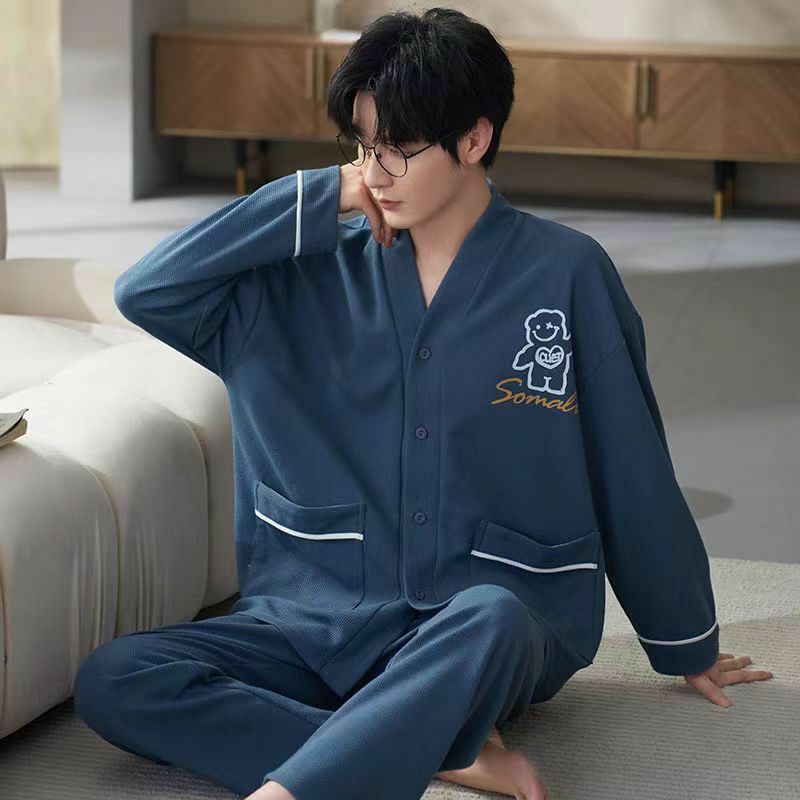 Waffle Pajamas Men's Spring Autumn V-neck Cotton Long-Sleeved Cardigan Homewear Suit Male Loose Plus Size Casual Sleepwear Set