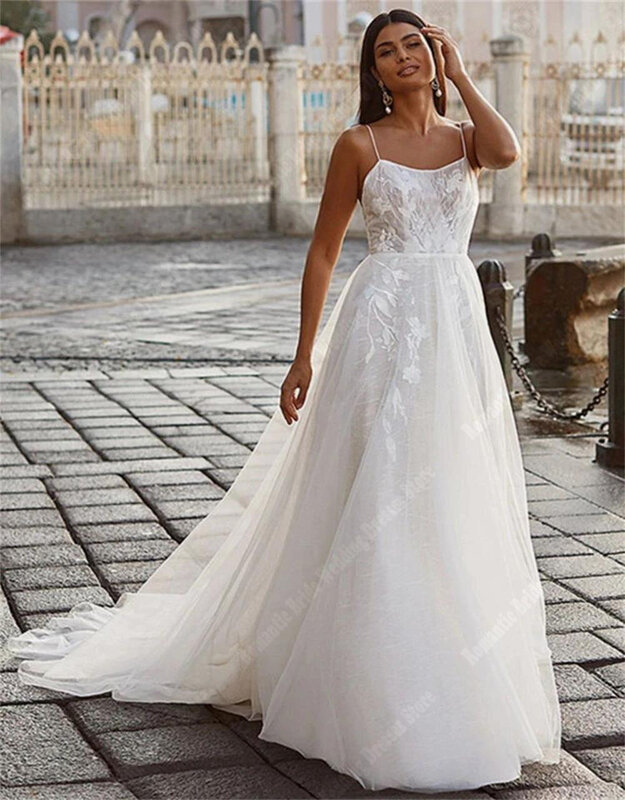 Gaun pernikahan tali bahu tipis baru gaun pengantin decal populer permukaan terang Bohemian putri populer gaun pengantin