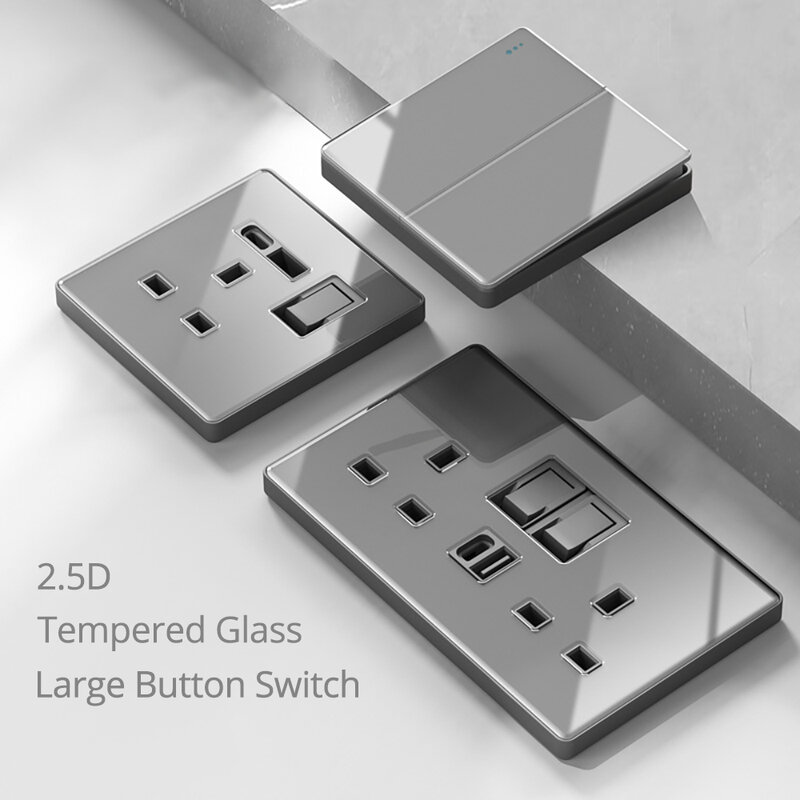Wallpad Grey Glass Dual UK MF Socket With Type C USB Charge Port 5V 3.1A Dimmer Fan Switch 146*86MM