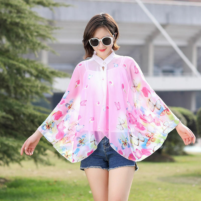 2024 Summer Sunscreen Clothes Women Cycling Cloak Shawl Coat Chiffon Cloak Shawl Thin Style Lady Poncho Capes Pink
