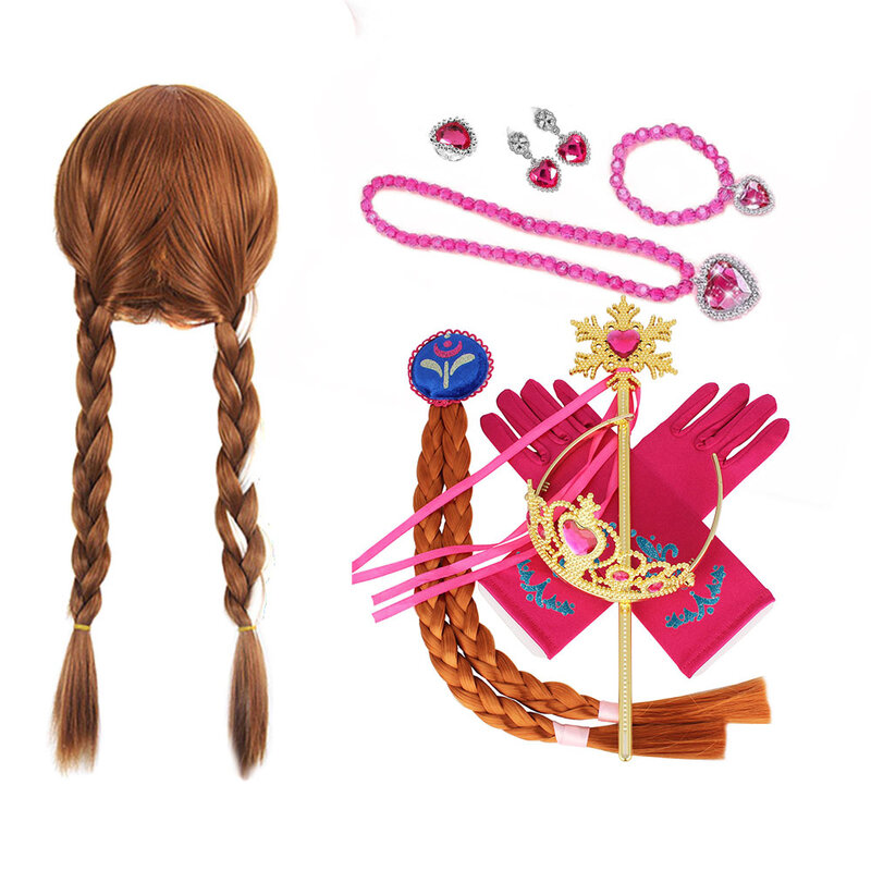 Kit de accesorios de Cosplay para fiesta de Elsa, peluca de nieve, Tiara, joyería trenzada, guantes, disfraz de Anna para niña, tocado de princesa de 3 a 12 años, 11 piezas