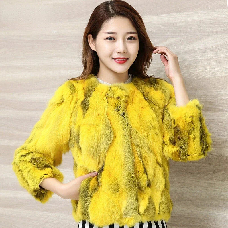 Casaco de pele de coelho real feminino, blusa cortada, jaqueta fina, doce, moda jovem, estilo coreano, outono e inverno, 2024