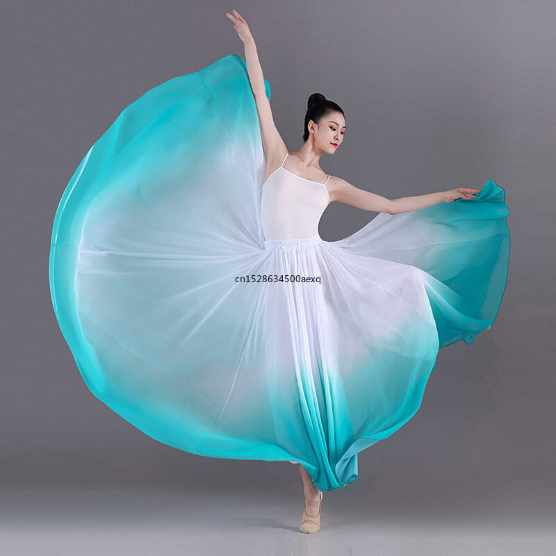 กระโปรงบัลเล่ต์ไล่ระดับสีสง่างามชุดเต้นยาวผ้าชีฟองสำหรับผู้หญิง360-720องศาชุดเต้นรำแบบคลาสสิกกระโปรงยาวการแสดง