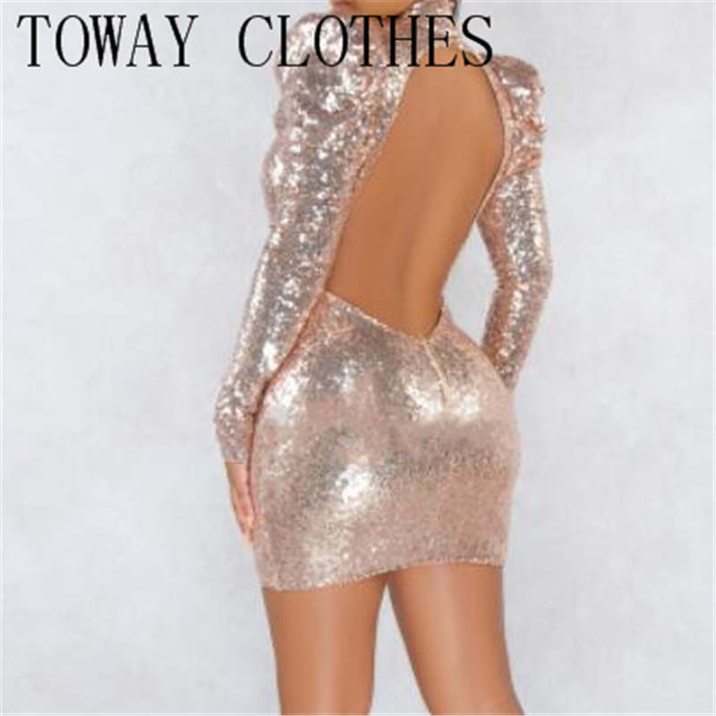 Sequined Hollow Out Sexy Skinny Women Dress Long Sleeve O Neck Shine Fashion Nightclub Party Bodycon Dress